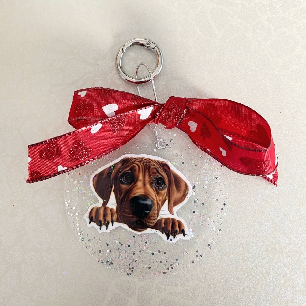 Hand Crafted Red Ribbon Rhodesian Ridgeback Dog Clear Glitter Ornament Keyring